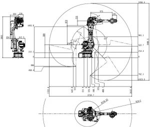 Чертеж диапазона движения роботизированной руки QJR50-2012 с полезной нагрузкой 50 кг, 1 мм